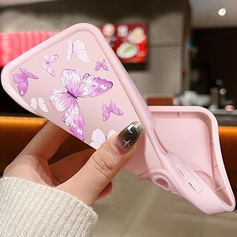 iPhone XRケース、クリエイティブな花柄デザイン女の子女性液体シリコンカバー、厚いフレーム耐衝撃性と耐傷性ソフトケースiPhone XR用-バタフライピンク