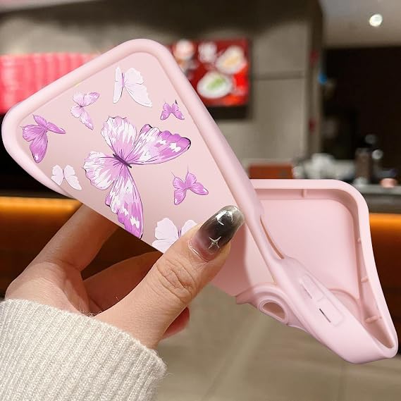 iPhone XRケース、クリエイティブな花柄デザイン女の子女性液体シリコンカバー、厚いフレーム耐衝撃性と耐傷性ソフトケースiPhone XR用-バタフライピンク