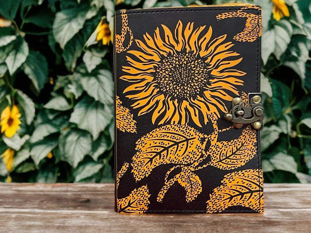 vintage sunflower leather journal Writing notebook embossed beautiful daily use book of shadows blank yellow with black unlined travel sketchbook with lock diary gift for women 7x5 inch