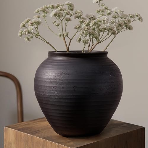 Matte Black Ceramic Vase, 6.7” Wabi-Sabi Ribbed Flower Vase, Handmade Pottery Vase for Pampas Grass, Rustic Farmhouse Table Centerpiece for Entryway, Shelf, Nightstand Decor