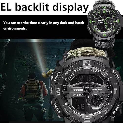 Miniatura 7 de Reloj táctico de supervivencia 23 en 1 para hombre, multifuncional, resistente al agua, para exteriores, pulsera ajustable con brújula de paracaídas