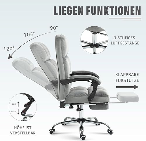 Miniatura 6 de Silla de escritorio de terciopelo con reposapiés, silla ergonómica de oficina ejecutiva con respaldo alto, cómoda silla de tocador de tela tapizada