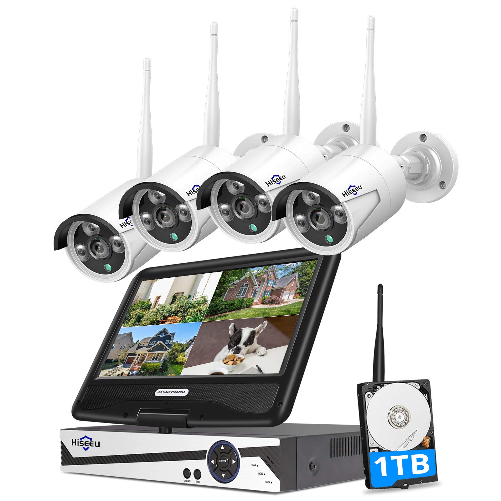 [8CH Expandable, 2K] Hiseeu All-in-one with 8CH 10.1" 1296P Monitor Wireless Security Camera System, 4pcs 3MP Indoor/Outdo...