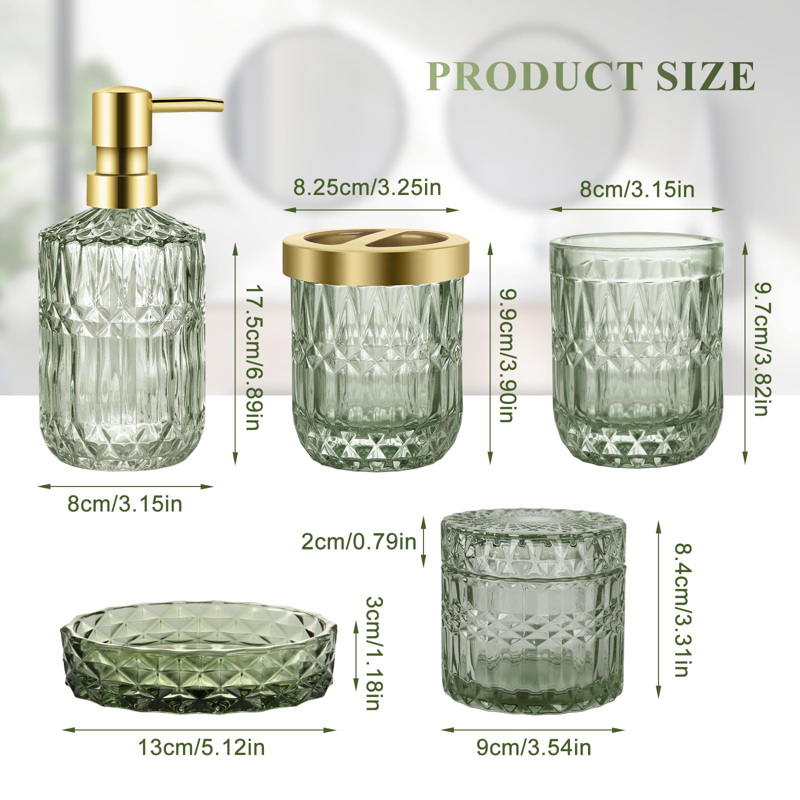 Juego de accesorios de baño verdes, 5 piezas de decoración de baño de cristal, dispensador de jabón de diamante, jabonera, soporte para cepillo de dientes, vaso de baño, tarros de hisopo de algodón,