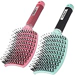 TaiBest Boar Bristle Hair Brush Set - Dry/Wet Hair Brush Detangler for Fine, Thick, Curly Hair - Curved and Vented Brush for Women, Men or Kids (Green & Apricot Pink)