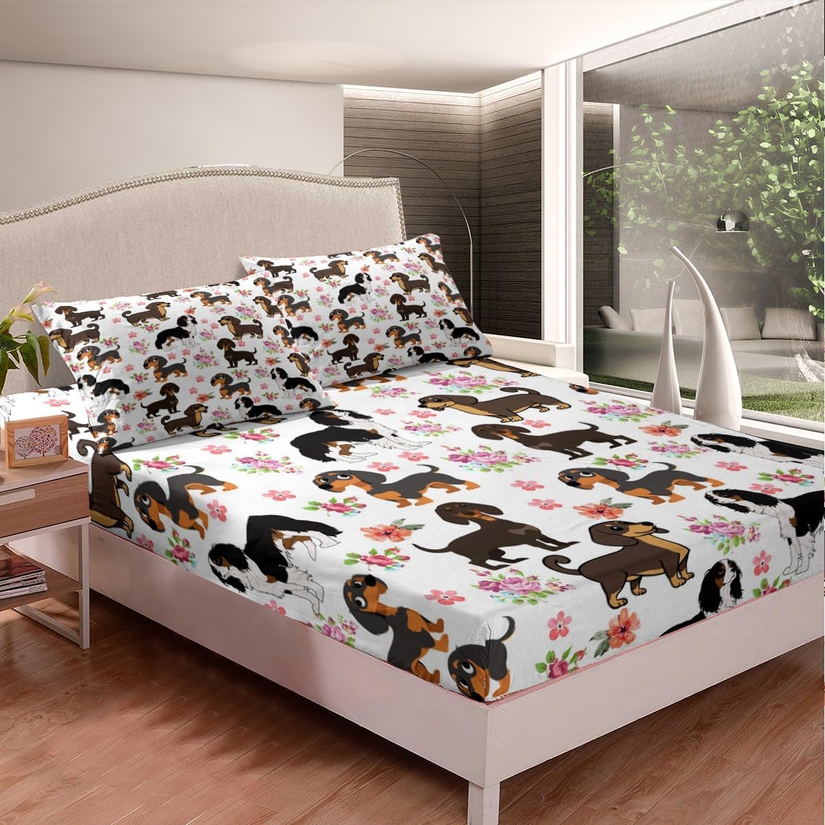 Feelyou Dachshund Duvet Cover Pink Floral Sausage Dog Sheet Set Cute Puppy Dog Sheets with Deep Pocket Fitted Sheet for Boys Girls Teens Cartoon Dachshund Puppy Bedding Set Queen Size Bed Set