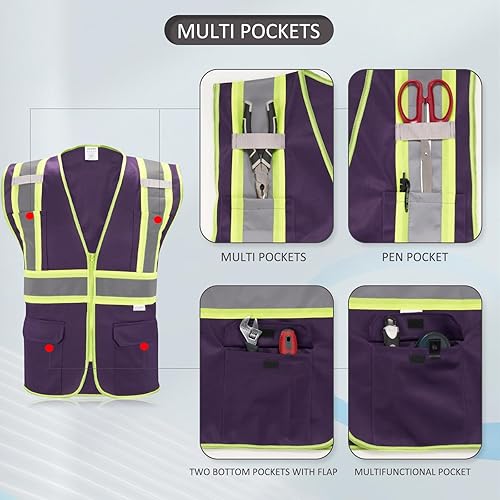 Miniatura 3 de Chaleco de seguridad reflectante de alta visibilidad con cremallera y bolsillos, color morado, talla M