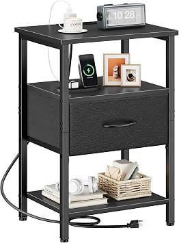 Vagusicc Black Nightstand with Charging Station, Bed Side Table with Adjustable Fabric Drawer, Night Stand for Bedroom, 3-Tier Storage End Table for Living Room, Tall Nightstand for Bedroom, Black