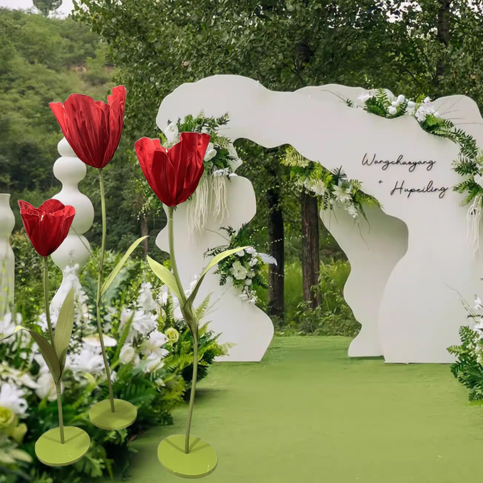 Flores Gigantes para Decoracion - Juego de 3 tulipanes artificiales de EVA impermeables con tallo flexible y base para bodas, recepciones, cumpleaños, Pascua, día de la madre