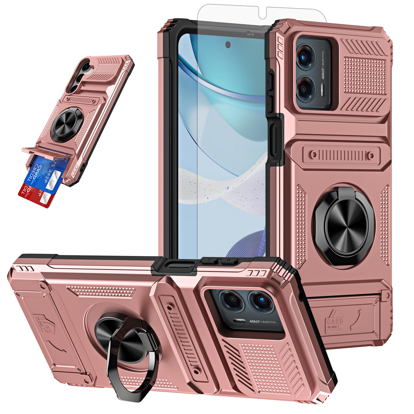 Furiet Phone Case for Motorola Moto G 5G 2023 with Tempered Glass Screen Protector Card Slots Magnetic Ring Stand Shockproof Silicone Bumper Hybrid