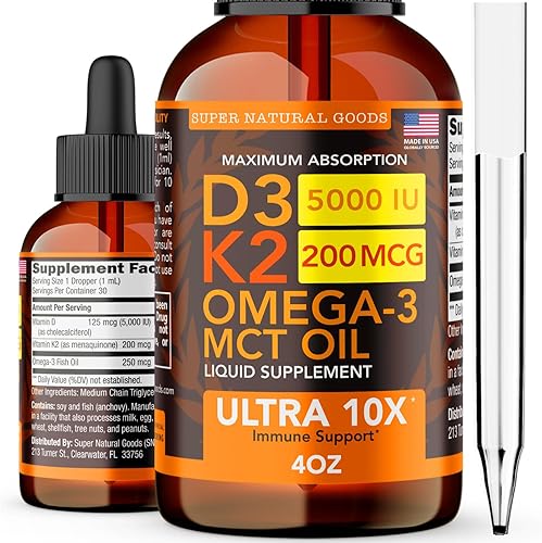Vitamina D3 K2 Gotas líquidas 5000 UI (4 oz) Máxima Fuerza Vitamina D, K, Aceite MCT y Omega 3 Hueso, Corazón, Articulación, Suplemento de Apoyo