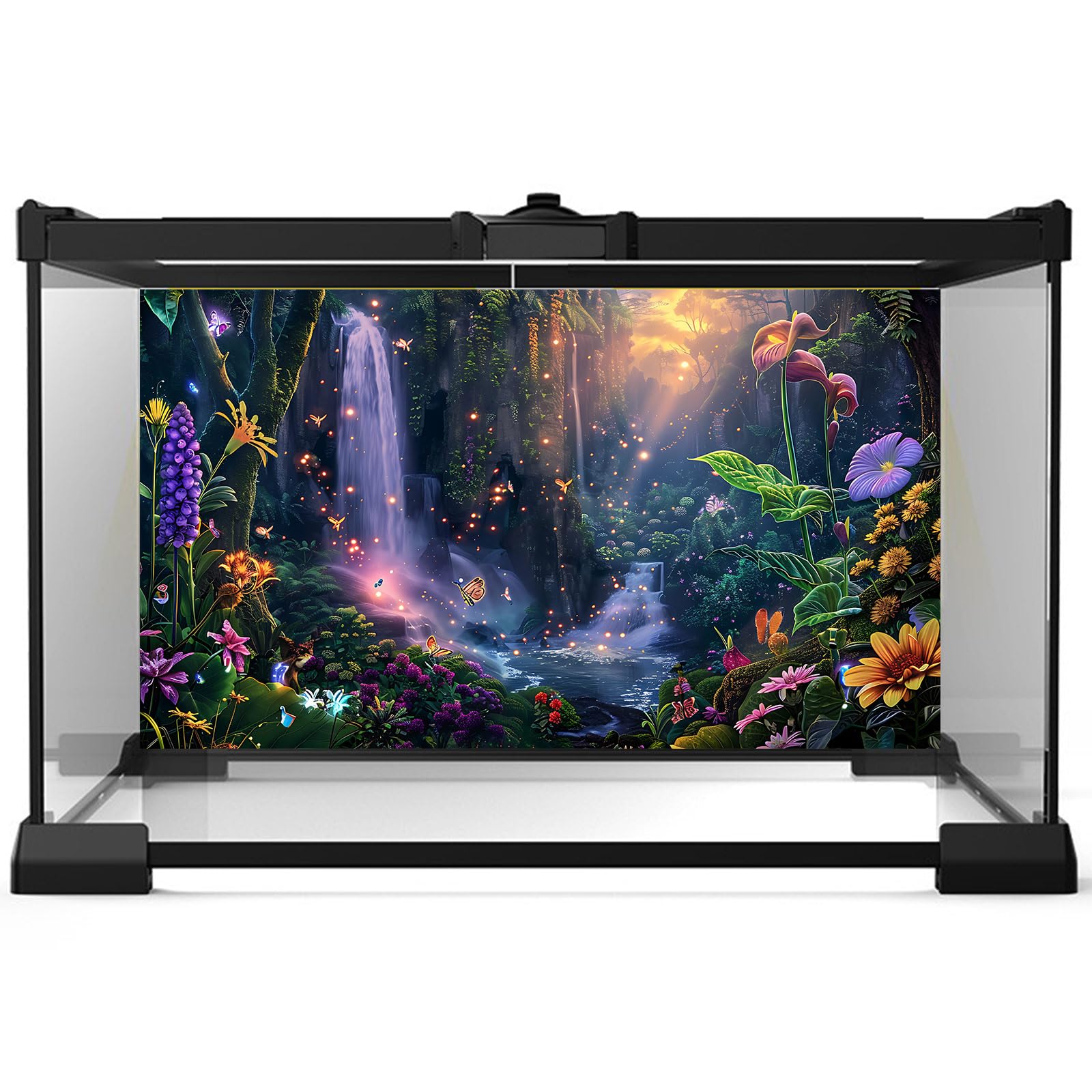 Fantasy Garden Aquarium Background Waterfall Tropical Forest Terrarium Backdrop Lush Moss Rainforest Flowers Sunlight Butterfly Fish Tank Background Tank Aquarium Wallpaper Poster Vinyl 72x24in