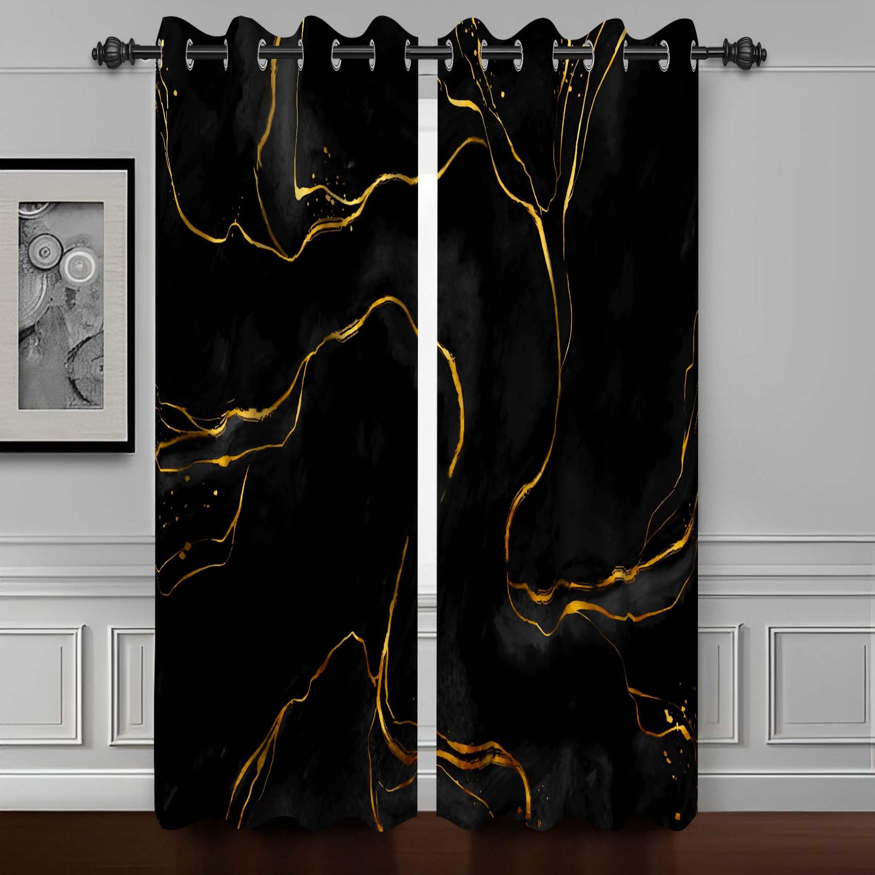 Lot de 2 rideaux de fenêtre en marbre texture noire et dorée salon 53,3x160cm