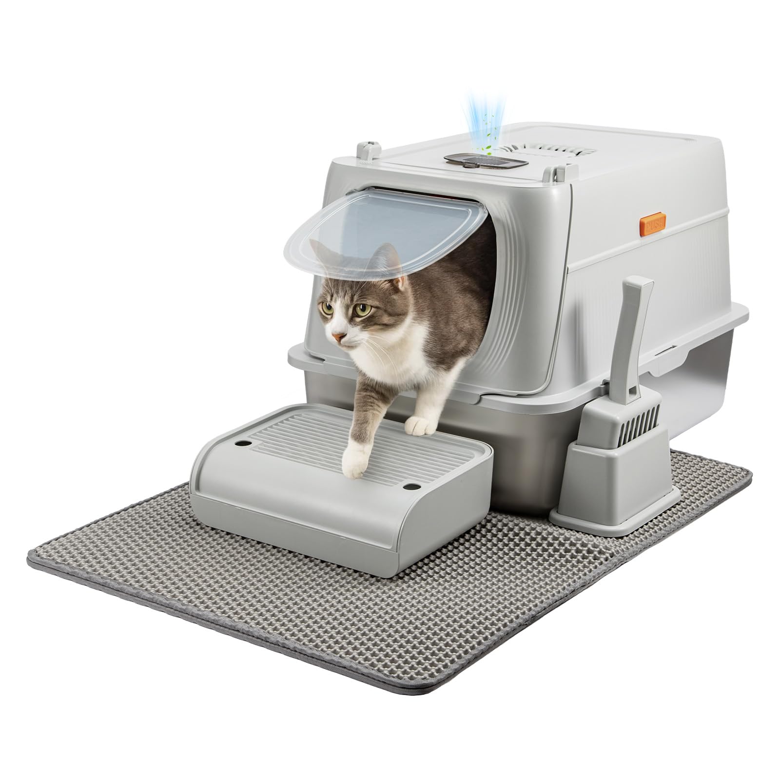 LN Cozy CORNE Stainless Steel Cat Litter Box, Extra Large Enclosed Metal Litter Tray with Litter Scoop & Double Layer Litter Mat, Non-Sticky, Non-Odor, Easy Cleaning 61 x 40.5 x 40.5 cm Light Gray