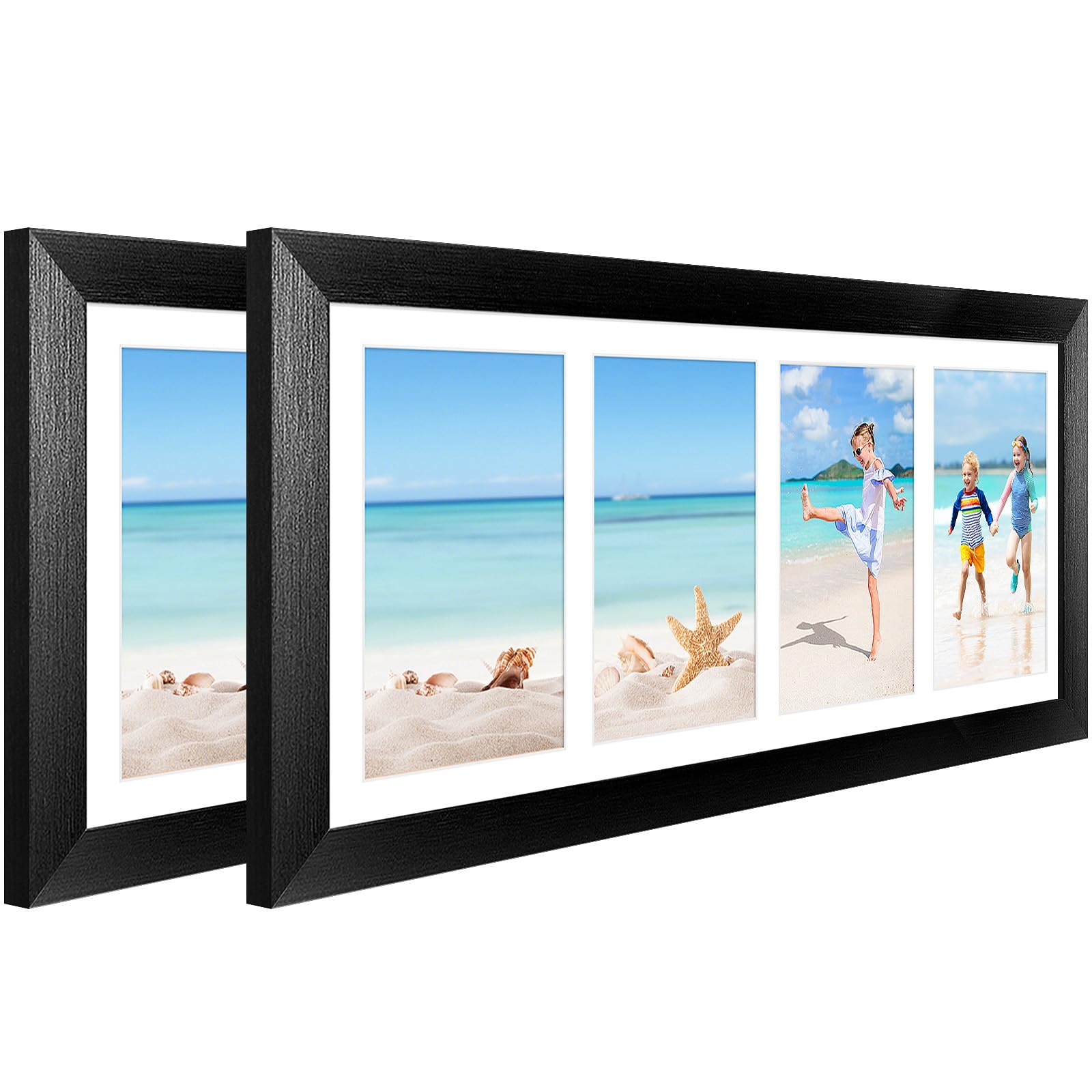 7x17 Collage frame with 4 Openings 4X6 Pictures, Multiple Picture Frame with Mat, Wall or Tabletop Decor, Black Wood Grain,2 Pack