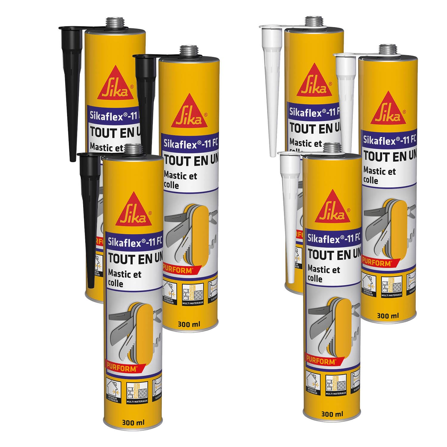 SIKA - Lot de Mastic, joint et colle multi-usages multi-supports - Sikaflex 11 FC Purform - Intérieur et extérieur - Lot de 3 cartouches Noires de 300ml + 3 cartouches Blanches de 300ml