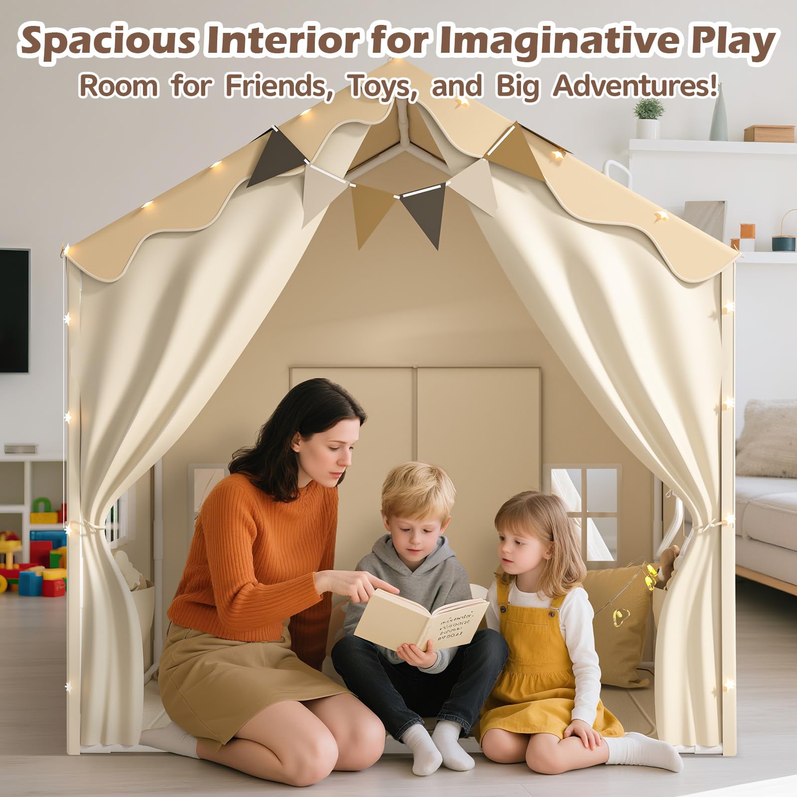 EagleStone 2-in-1 Kinderzelt mit Sternenlicht & gepolsterter Matte, Spielzelt und Bettzelt für Kinder Indoor & Outdoor, 2 Türen, 4 Fenster, 2 Seitentaschen, Geschenk für Jungen & Mädchen ab 3 Jahre