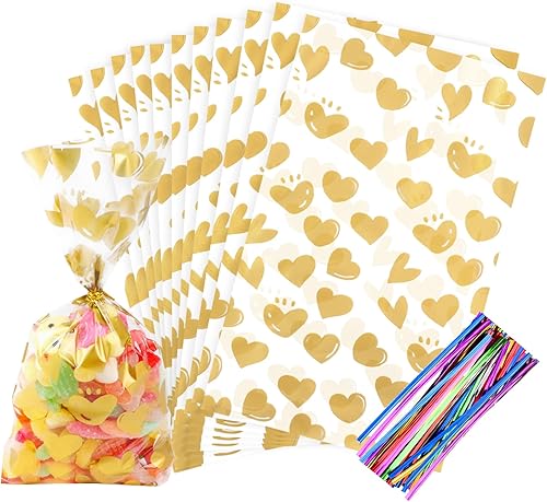 COQOFA 100 Piezas Bolsas de Celofán para Dulces con Corazón Dorado de 5X11 Pulgadas para Recuerdos de Fiesta, Dulces, Galletas - Almacenamiento de