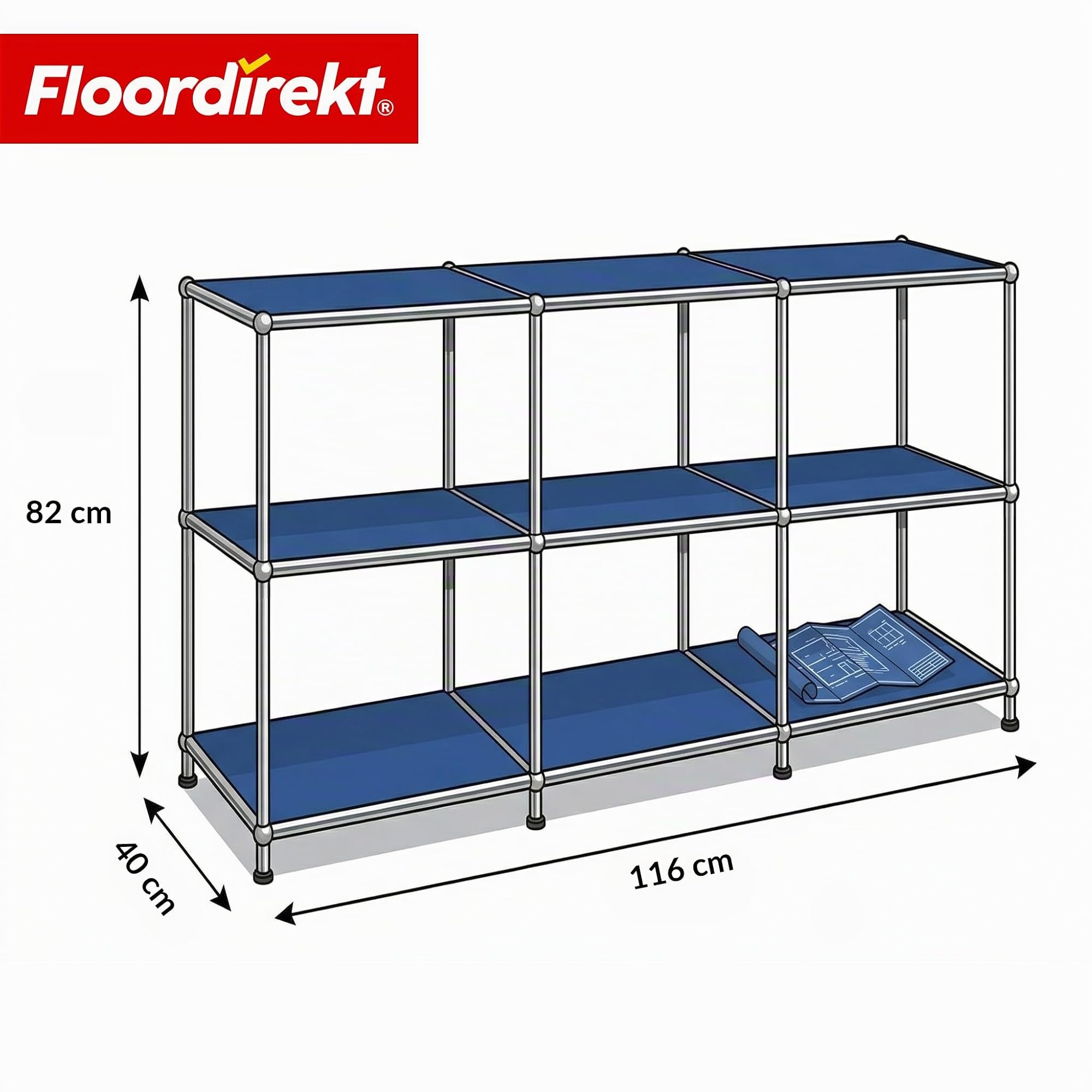Floordirekt Scaffale - Blu 116x40x82cm - 3 Ripiani Scaffale in Metallo - Sideboard & Lowboard - Libreria Aperta - Scaffale a Cubi - Concept Epure MK-018