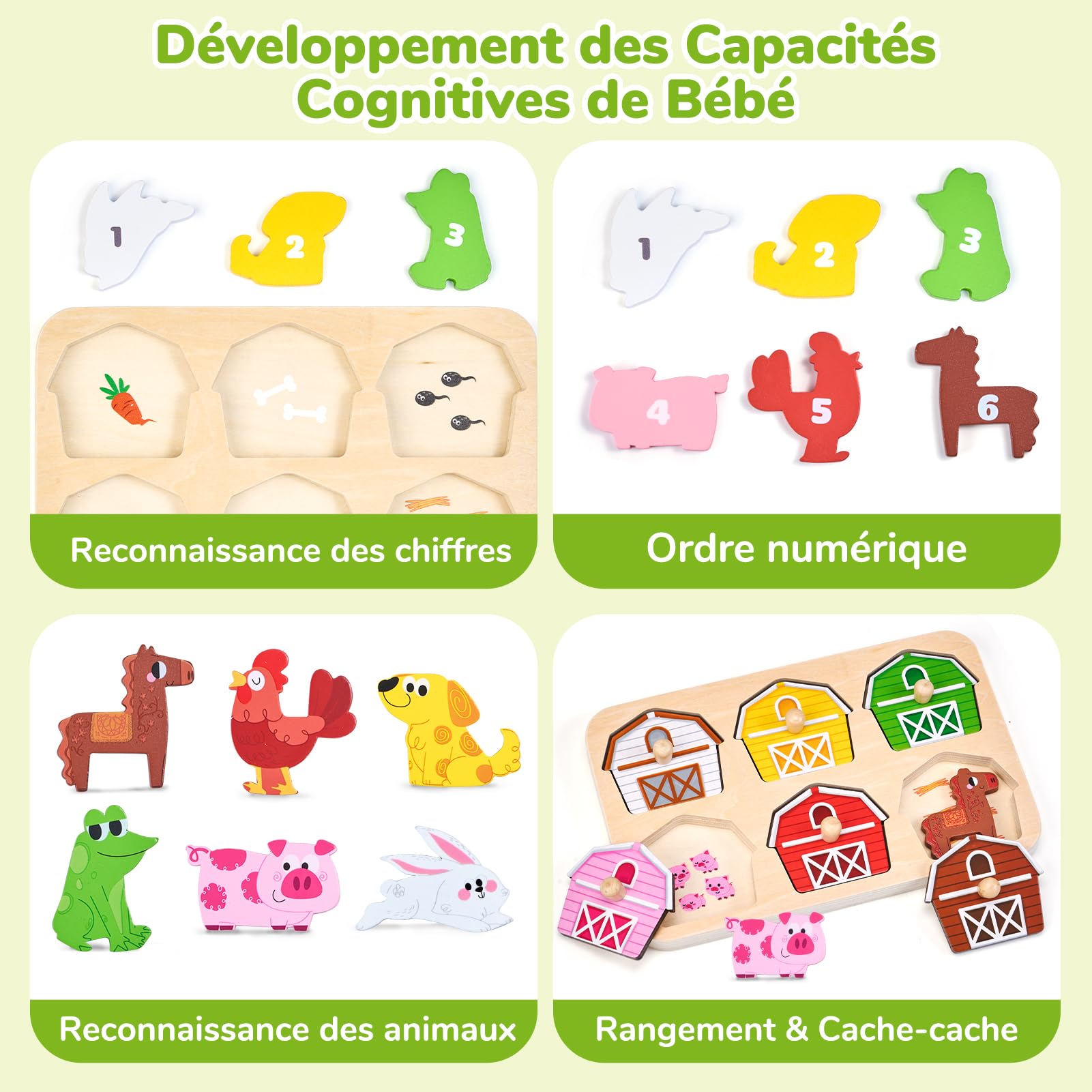 JoyCat Puzzle en Bois Animaux de la Ferme Montessori 1 2 3 Ans Jouet Educatif Enfant