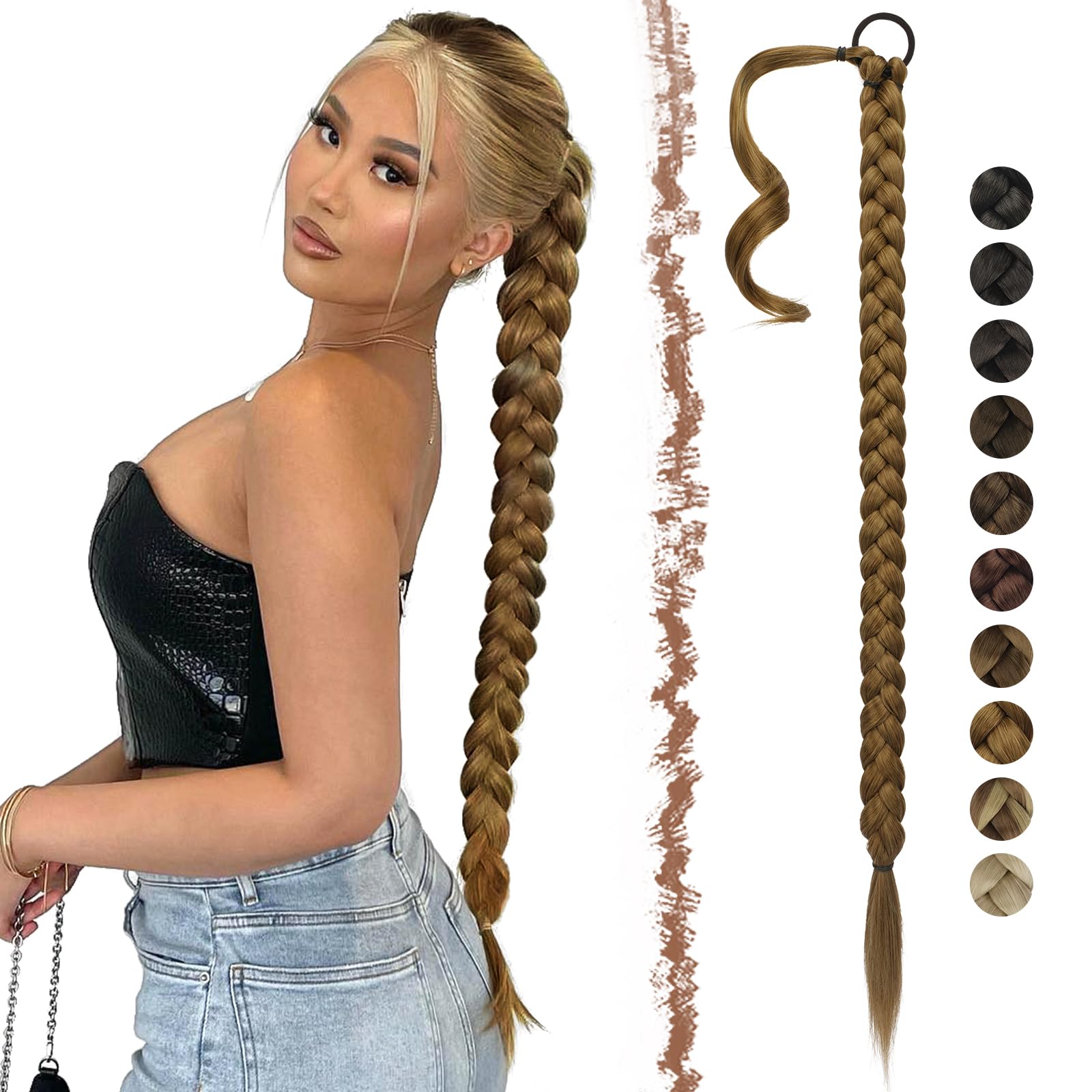 FESHFEN Extensiones de Pelo Coleta Trenzada, 85 cm Coleta Postiza de pelo Larga para Mujeres Sintético Ponytail Extensiones de Cola de Caballo, Castaño Claro Mixto Rubio Natural