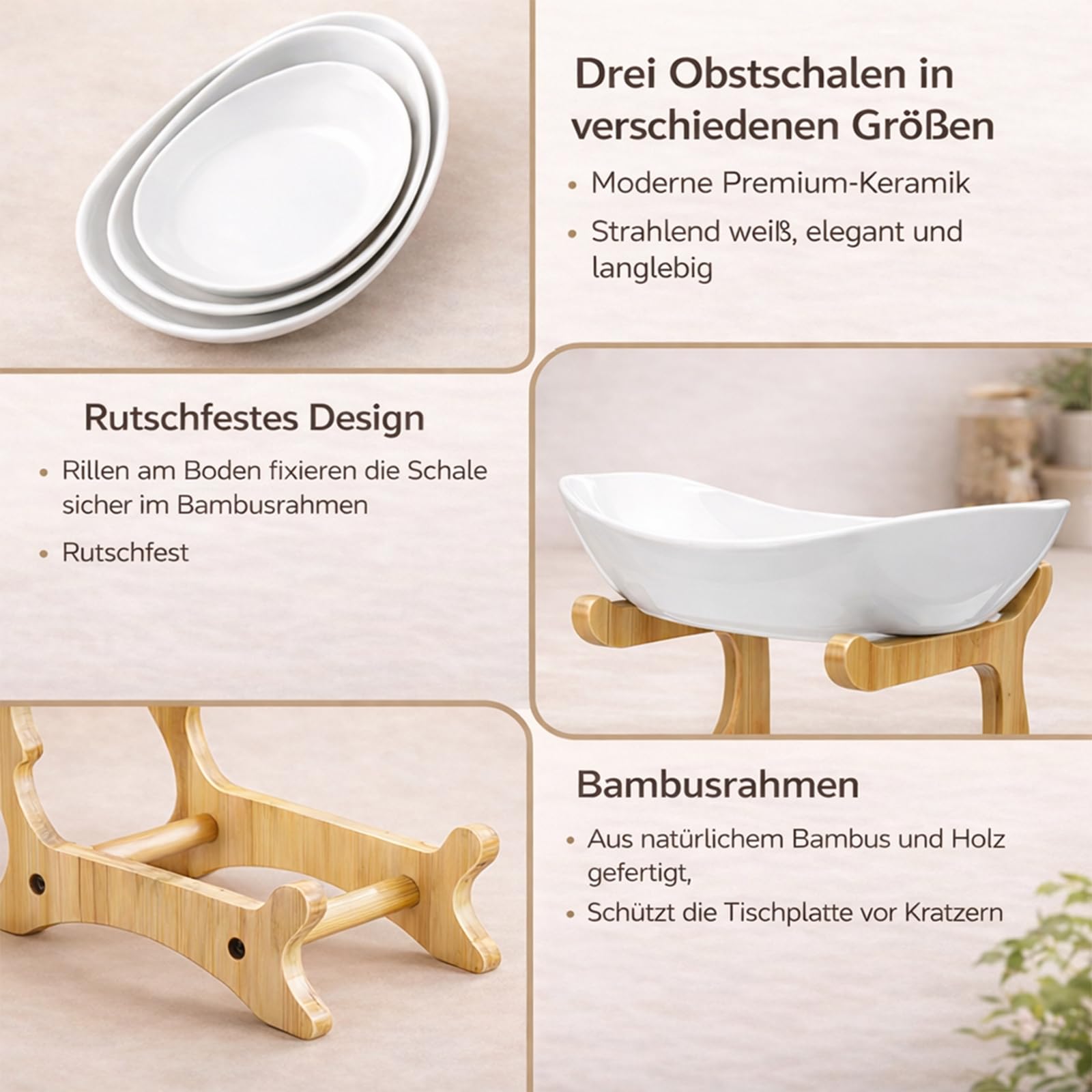 Obst Etagere 3 Stöckig Keramik mit Bambusständer – Etagere Obstschale für Küche & Esstisch, Große Obstständer für Arbeitsplatte, Spülmaschinenfest