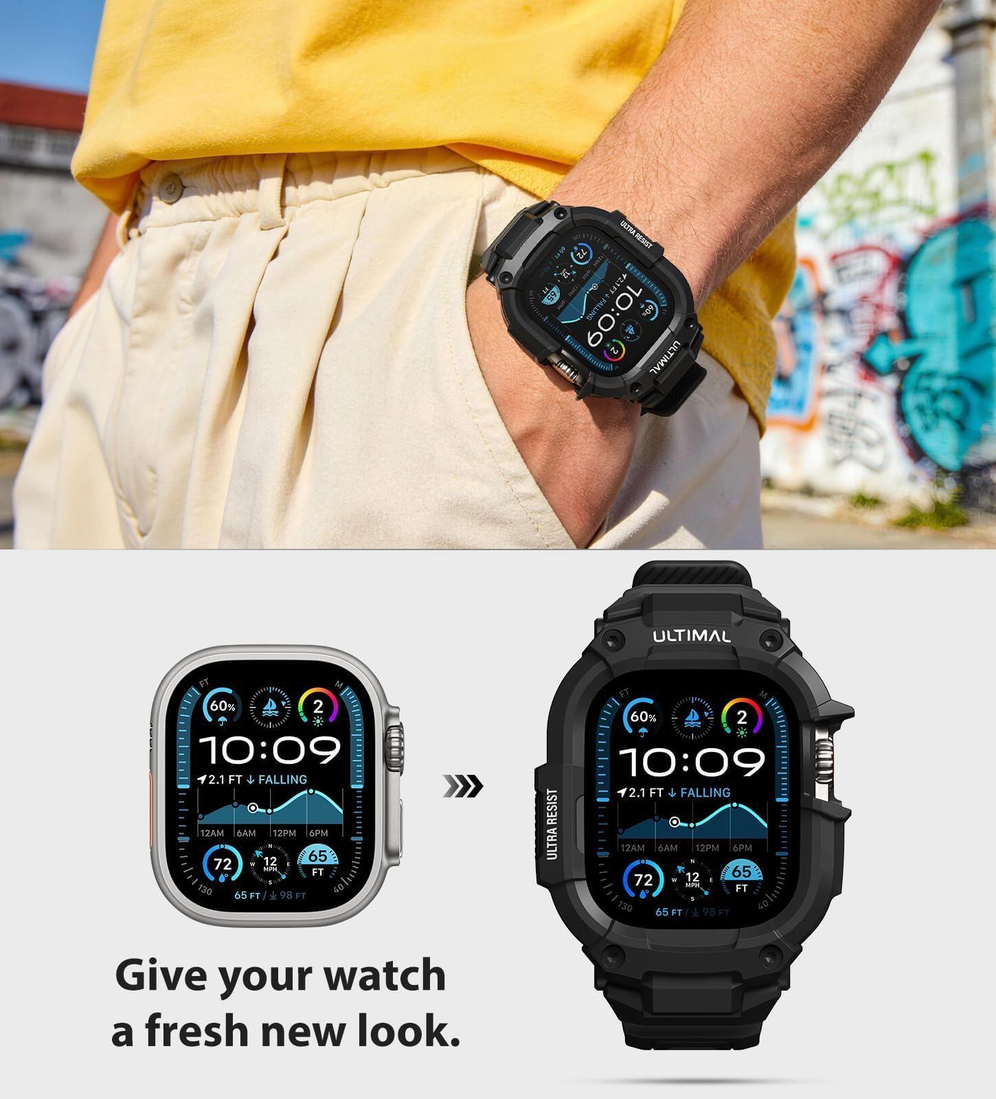 ULTIMAL Correa ajustable compatible con Apple Watch de 49 mm/45 mm/44 mm, correa deportiva resistente con carcasa resistente a prueba de golpes, correa de repuesto resistente para S4/5/6/SE, S7/8/9,