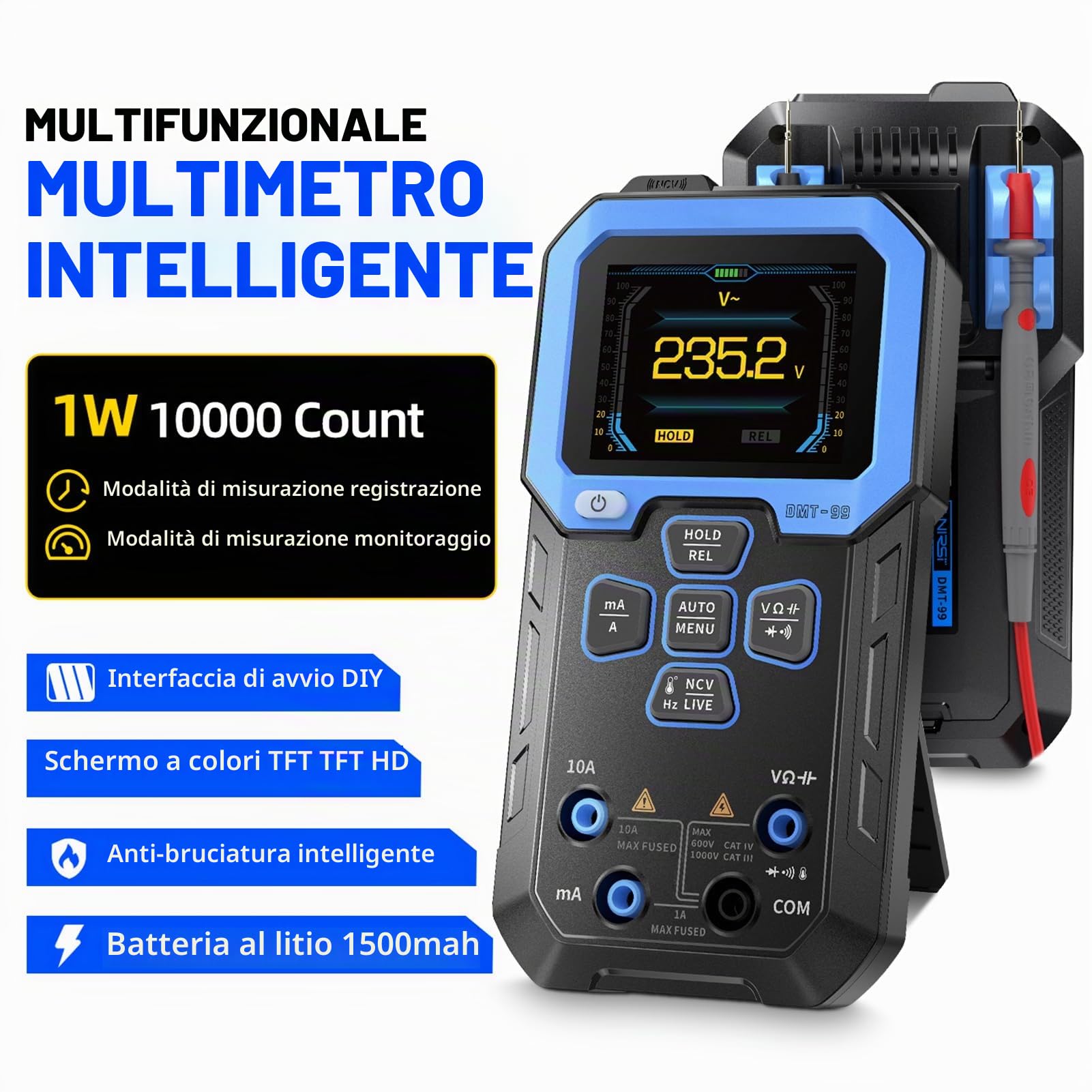 DMT-99 Multimetro Digitale, Tester Elettricista 10000 Conti Voltmetro Diagnosi Automatica Amperometro Misura la Resistenza alla Tensione AC DC Frequenza Diodi NCV