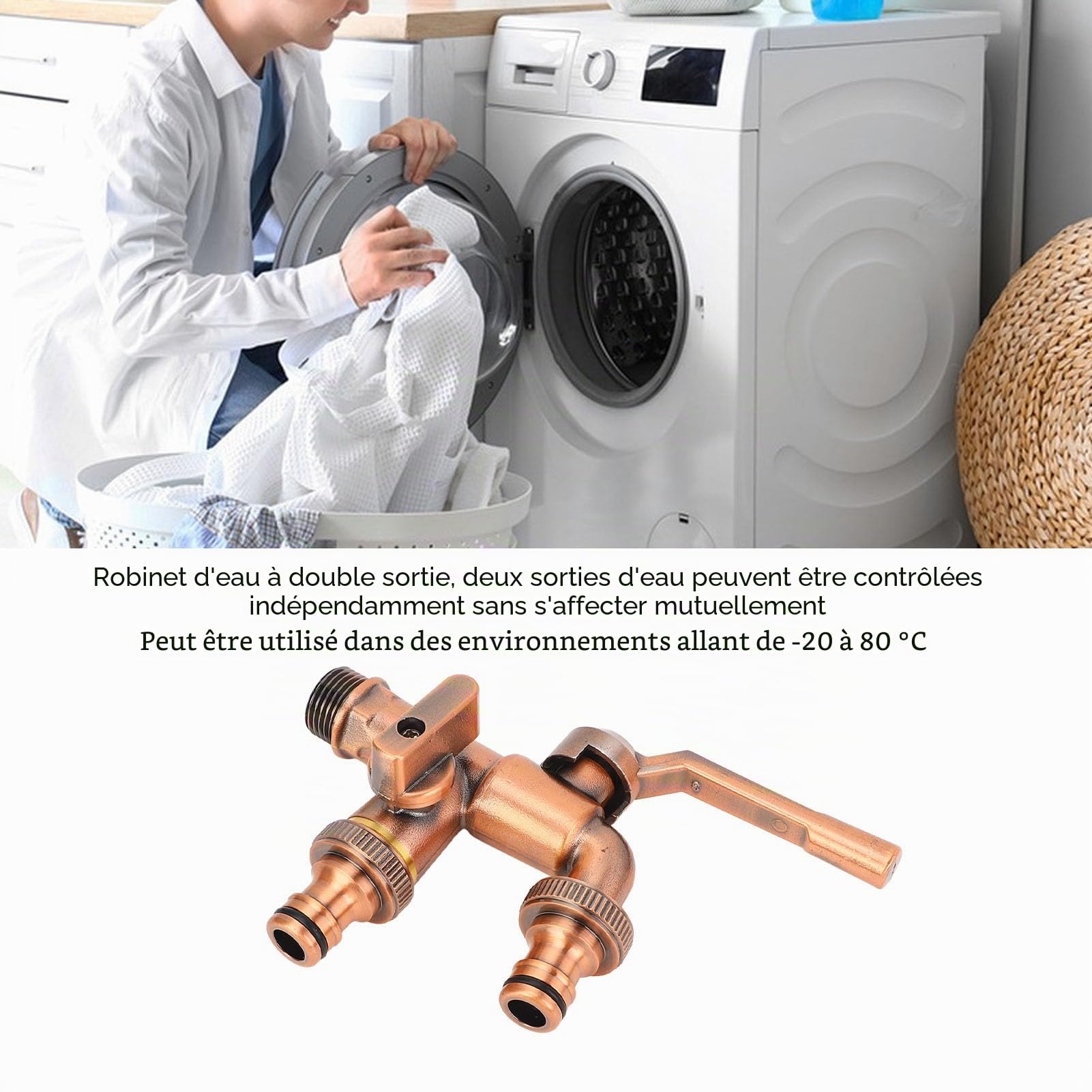 Robinet double en laiton de 3/4" avec distributeur de tuyau d'arrosage à 2 voies, double sorties de 25 mm, robinet de jardin extérieur