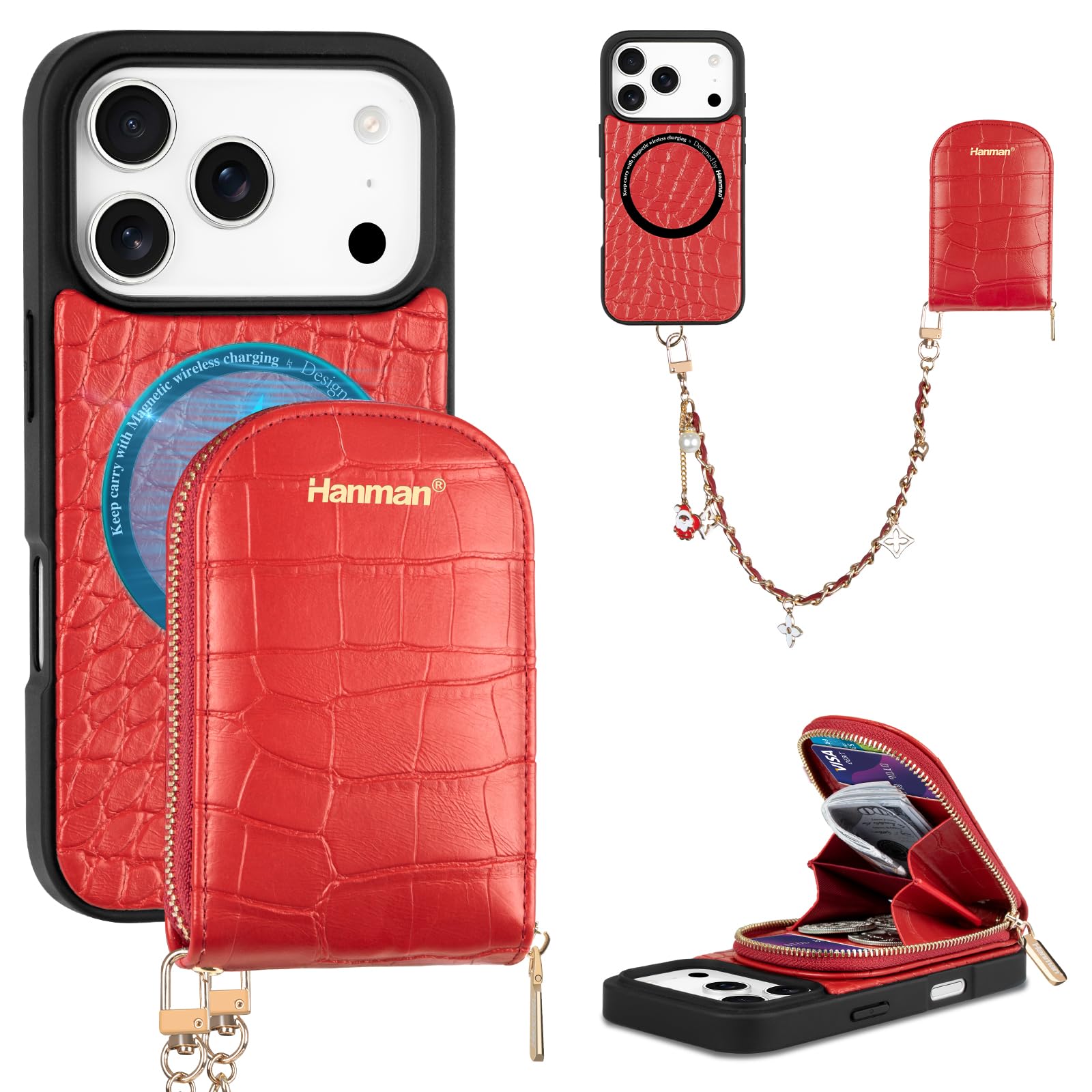 Hanman Funda para iPhone 17 Pro Max, funda de piel estilo cartera a prueba de golpes, 4 ranuras para tarjetas antirrobo RFID integradas y correa de muñeca desmontable, diseño magnético 2 en 1, color