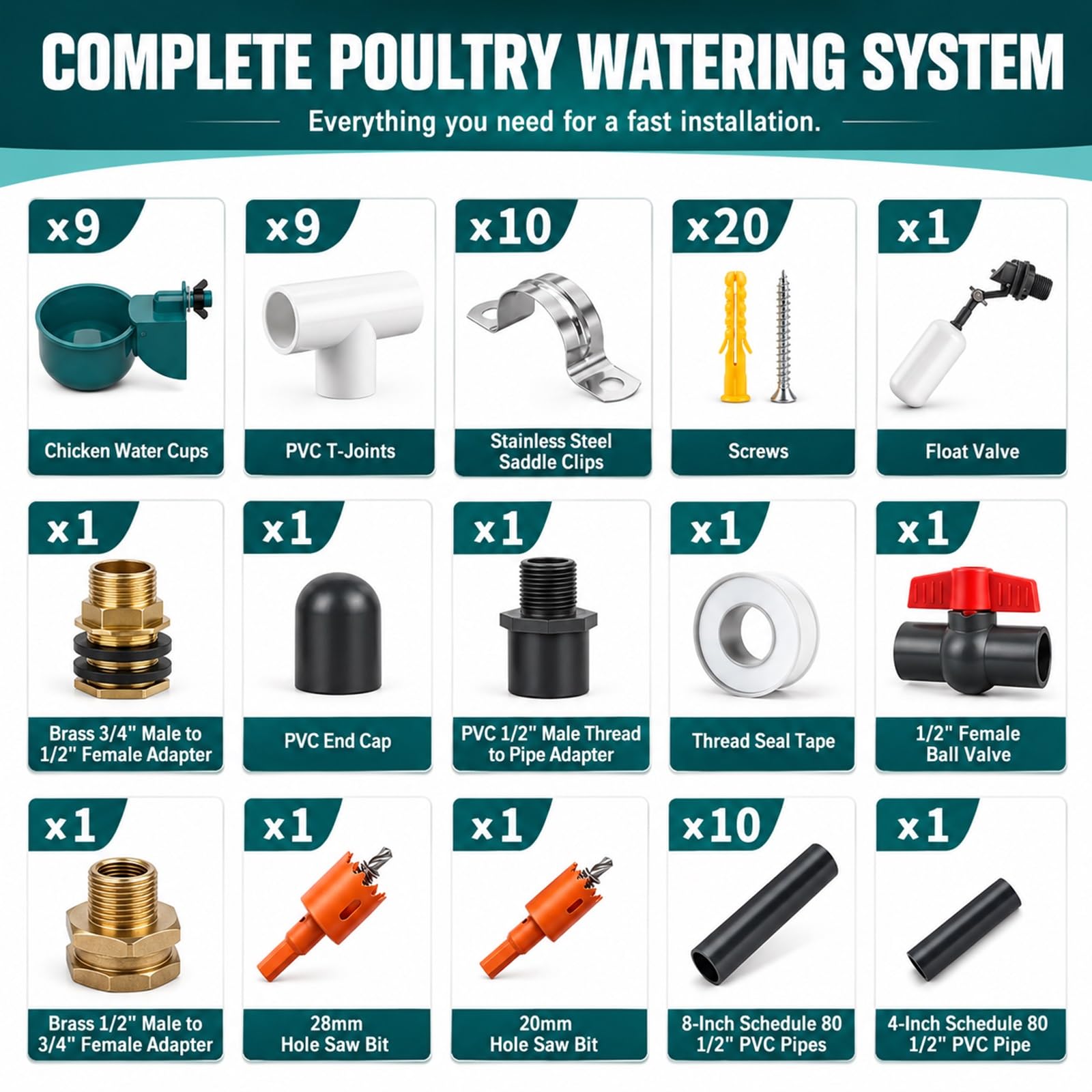Juego Completo De Bebederos Y Dispensadores De Agua Para Aves, Sisteme Automático De Riego Para Avicultura Con 9 Copas Bebederas, 10 Tubos Y Válvula De Flotador, Kit De Bebederos