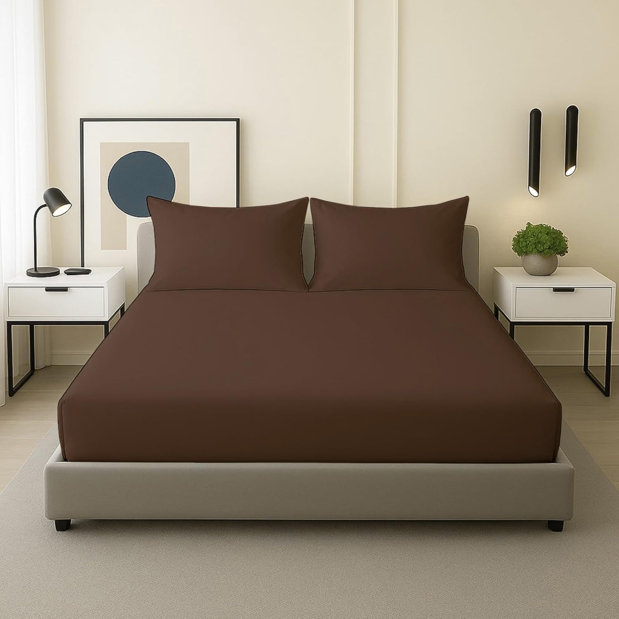 3 Piece Fitted Sheet Set with 1 Queen Size Fitted Bed Sheet & 2 Pillow Shams 50x65, 100% Cotton Pillow Covers & 300TC Hotel Quality Fitted Sheet with Deep Pockets (Brown, 150 x 200cm)