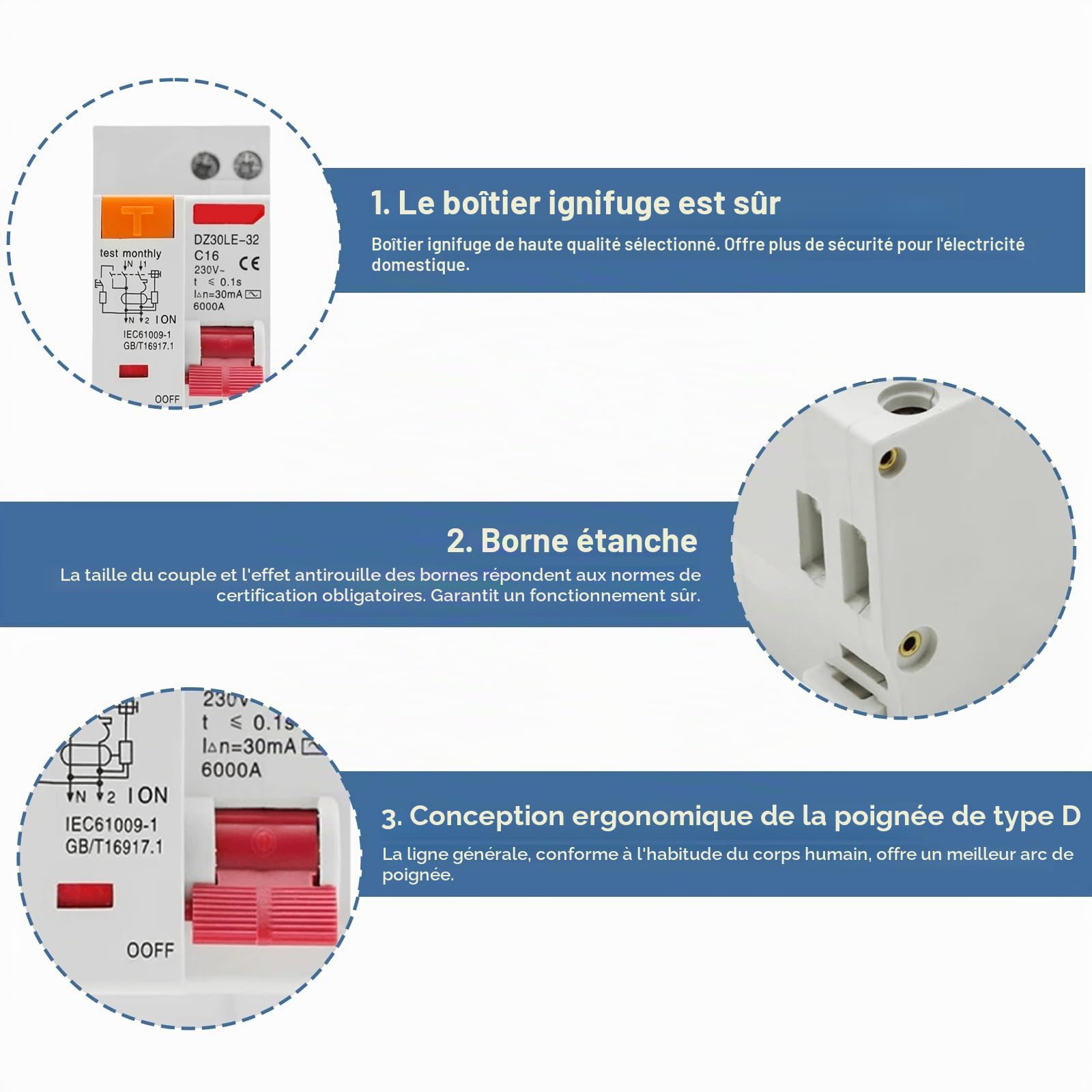 Disjoncteur Fi 16 A, AC 230 V 30 mA Disjoncteur différentiel, rail chapeau, protection contre les surcharges, disjoncteur différentiel, interrupteur FI/LS