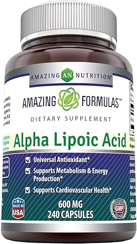 Amazing Formulas - Suplemento de cápsulas de ácido alfa lipoico ALA de 600 mg  Sin OMG  Sin gluten  Fabricado en Estados Unidos  Paquete de 3 (120
