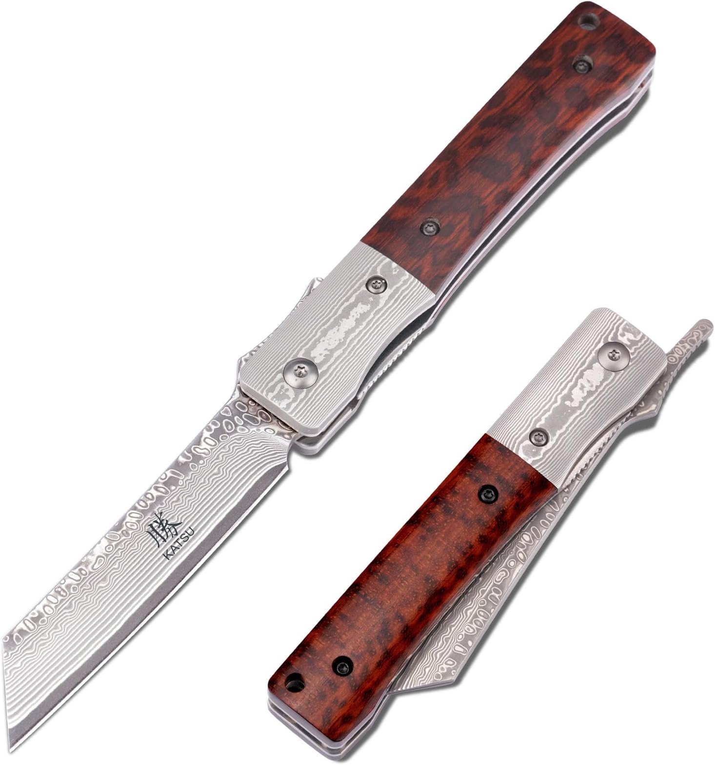 Handmade Damascus Pocket Knife Wood Handle, Japanese Razor Folding Knives for Men Linner Lock,Snake Wood Damascus Blade Flipper Knife with Leather Sheath Camping Hiking