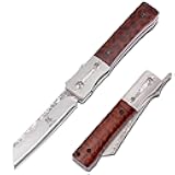 KATSU Handmade Damascus Pocket Knife Wood Handle, Japanese Razor Folding Knives for Men Linner Lock,Snake Wood Damascus Blade Flipper Knife with Leather Sheath Camping Hiking