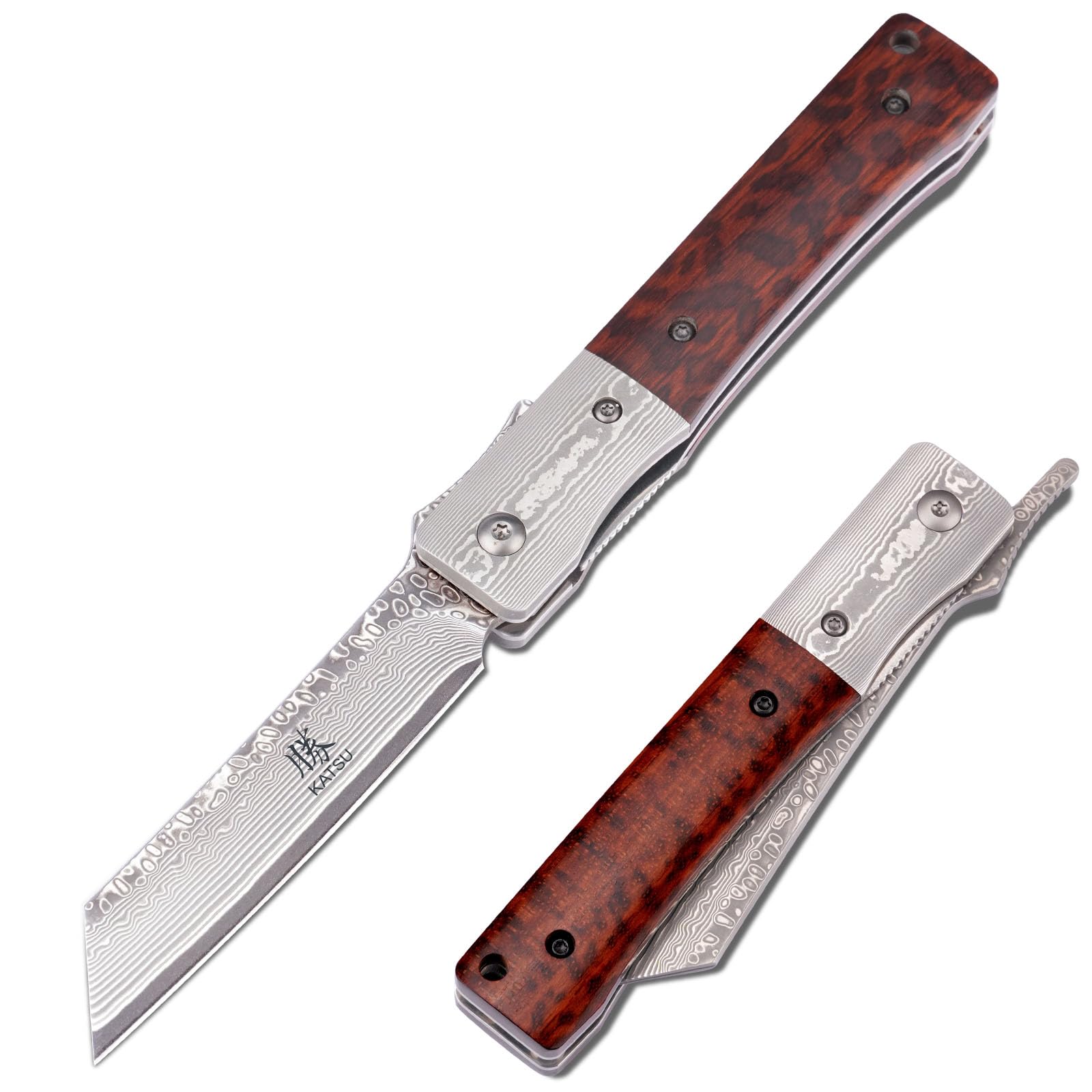 KATSU Handmade Damascus Pocket Knife Wood Handle, Japanese Razor Folding Knives for Men Linner Lock,Snake Wood Damascus Blade Flipper Knife with Leather Sheath Camping Hiking