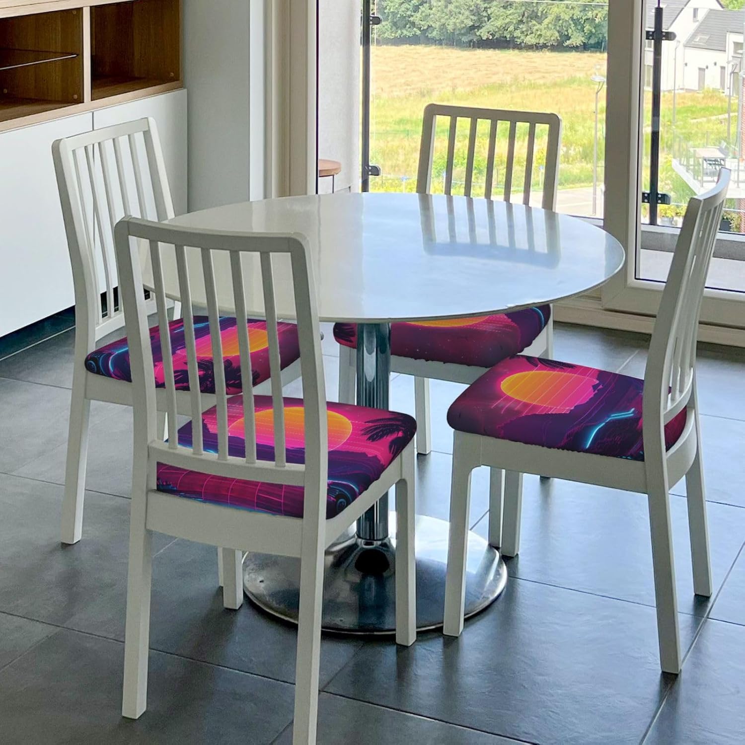 Retrowave Pictures Print Square Cushion Covers 6 Pcs Set Elastic Non-Slip Seat Cushion Slipcovers Pet Furniture Protectors for Chair, Sofa