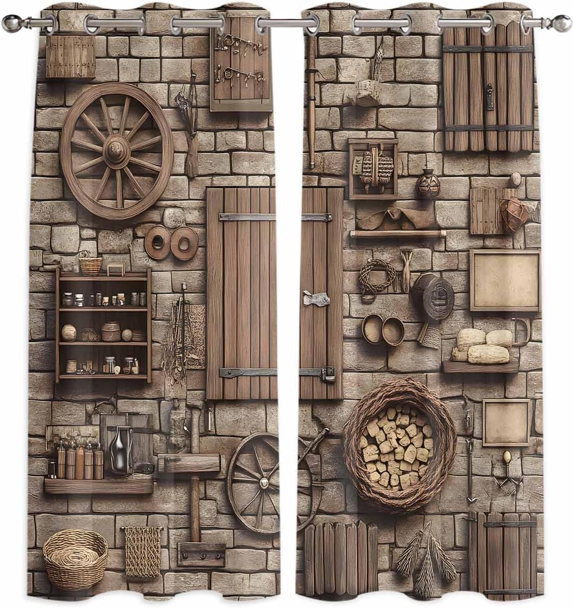 Medieval Window Curtains Panels with Silver Grommet,Rustic Weathered Grunge Cottage Scene Wooden Kitchen Cafe Curtain Draperies Window Treatment Set for Living Room/Bedroom/Bathroom/Cafe,84x84