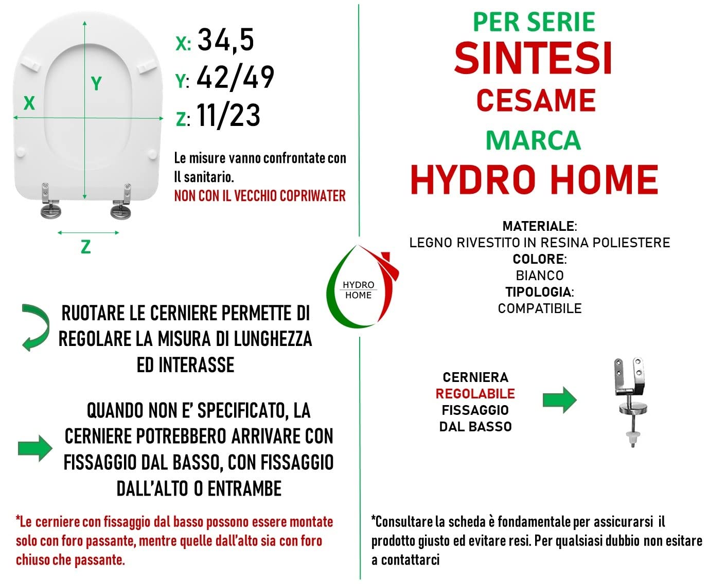 HYDRO HOME Tavoletta Wc SINTESI CESAME Compatibile, Copriwater In Legno Rivestito Con 2 mm Di Resina, Tavoletta Wc Con Cerniere Fissaggio Dal Basso MADE IN ITALY