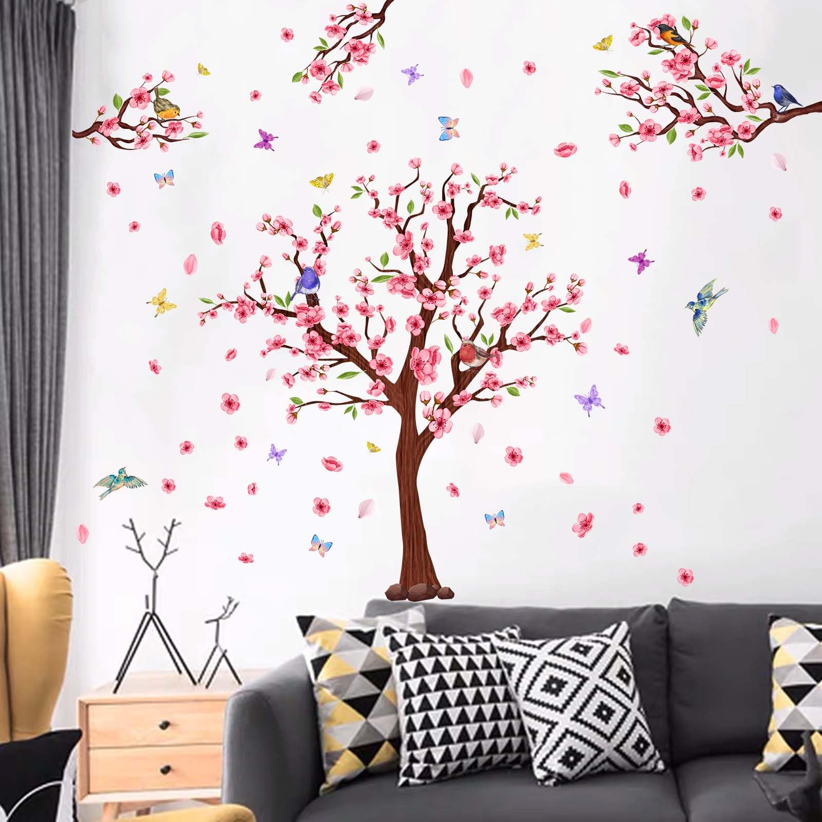 PinkEleph Large Cherry Blossom Tree Wall Stickers, Pink Flower Tree Branch Bird Floral Wall Decals