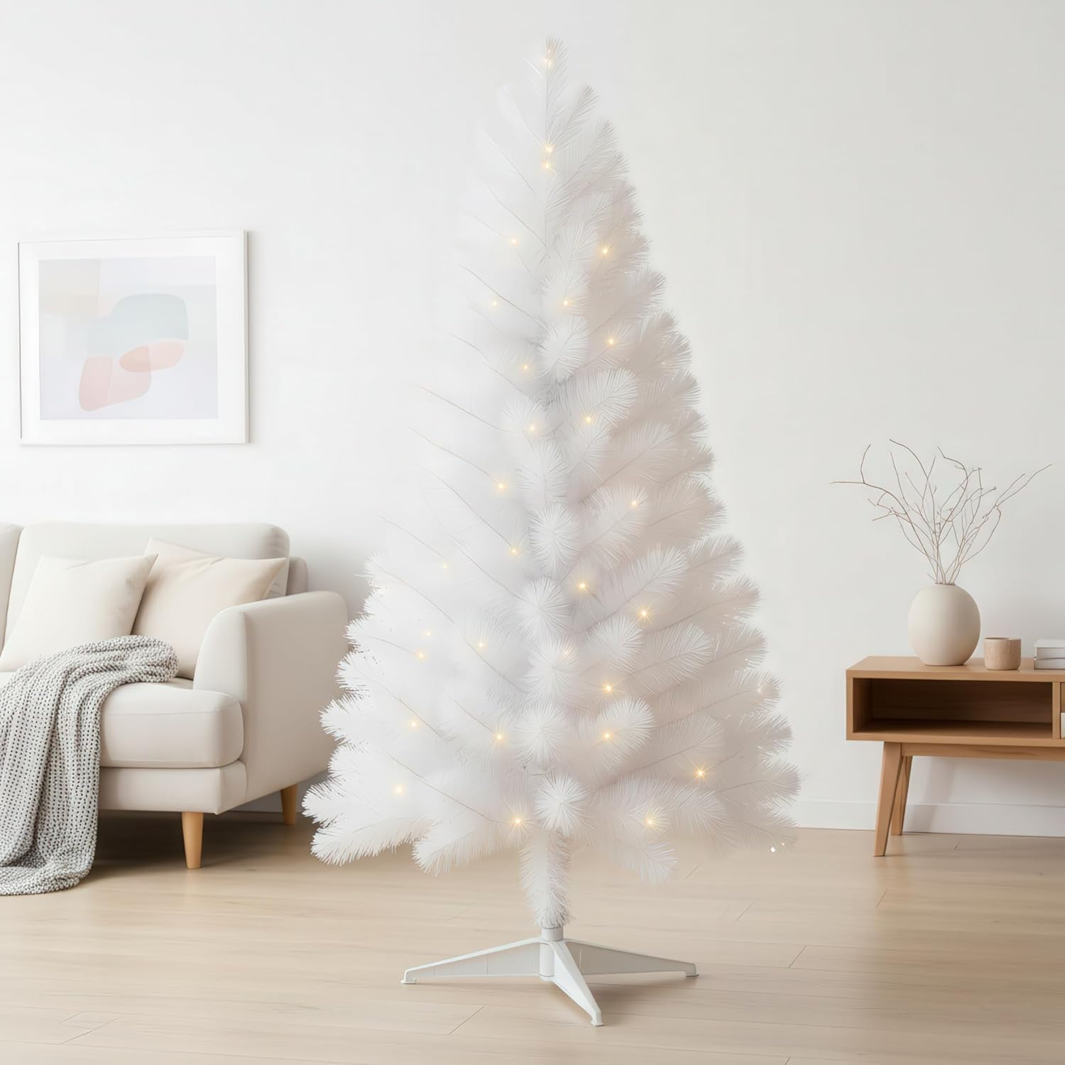 4ft Prelit White Christmas Tree with 75 Warm White LEDs – 225 Tips, Hinged Branches, Plastic Stand – Small 4 Foot Christmas Tree for Bedroom, Office, Apartment Holiday Decor