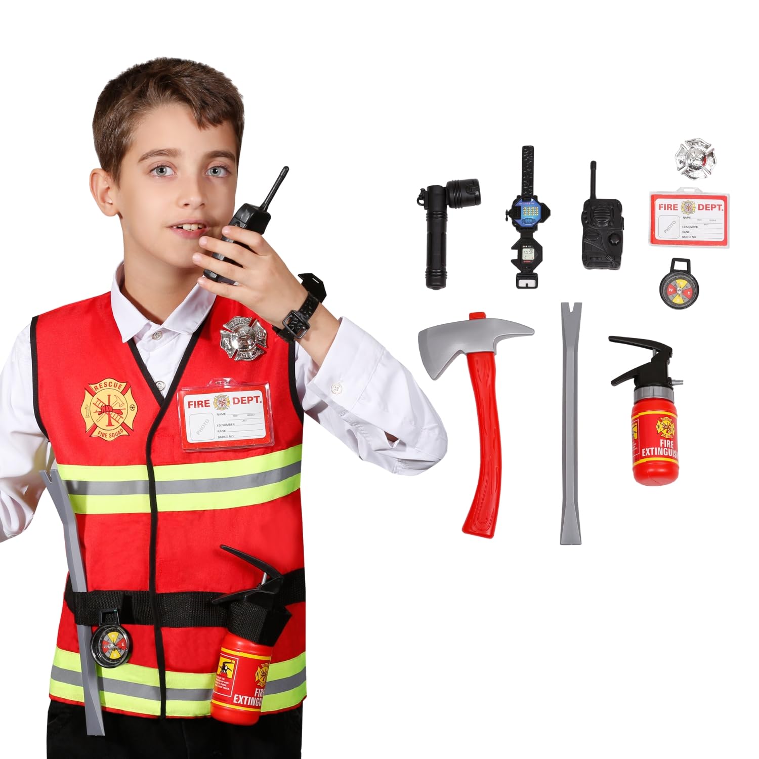 Kids Fireman Costume Firefighter Jacket Fireman Costume Kids Children Fancy Dress Vest Firefighter Outfit Boys Fire Fighter Dress up Accessories Toddler Roleplay Set Kit Outfit (X Large (9-12 Years))