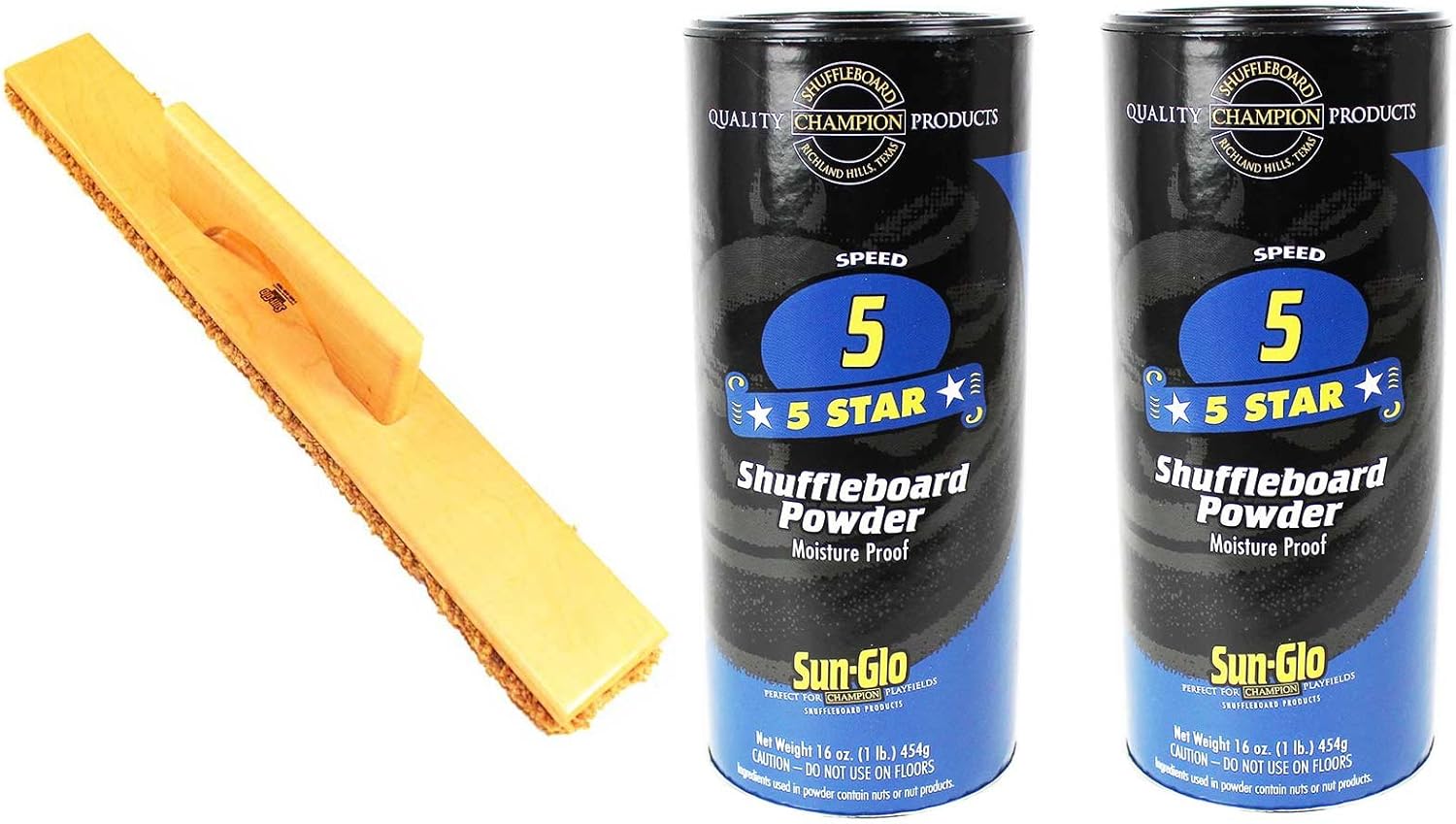 Twin Pack of Sun-Glo #5 Speed Shuffleboard Powder Wax Bundled with a Sun-Glo Shuffleboard Sweep
