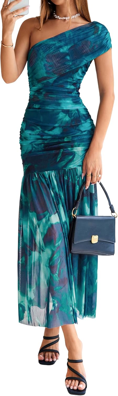 Simplee Womens One Shoulder Floral Maxi Dress Summer Sleeveless Ruched Elegant Bodycon Mesh Wedding Guest Dresses