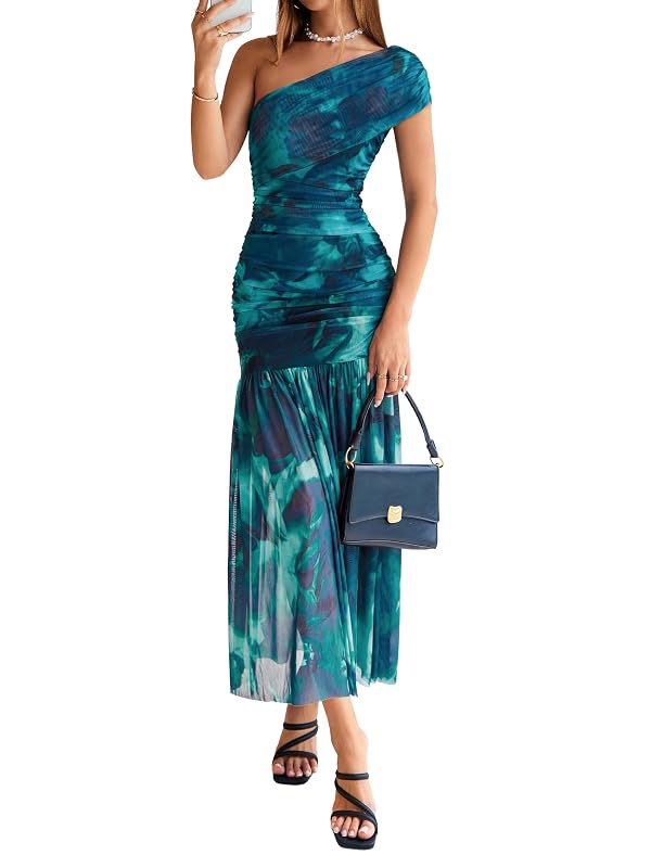 Simplee Womens One Shoulder Floral Maxi Dress Summer Sleeveless Ruched Elegant Bodycon Mesh Wedding Guest Dresses Lake Blue S by Simplee - Used condition - US$38.03