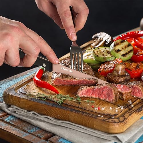 Miniatura 5 de KITWARE Juego de cuchillos para carne de oro rosa, 6 piezas, 4.5 pulgadas dentados, cubiertos de acero inoxidable para verduras, carne, pan y