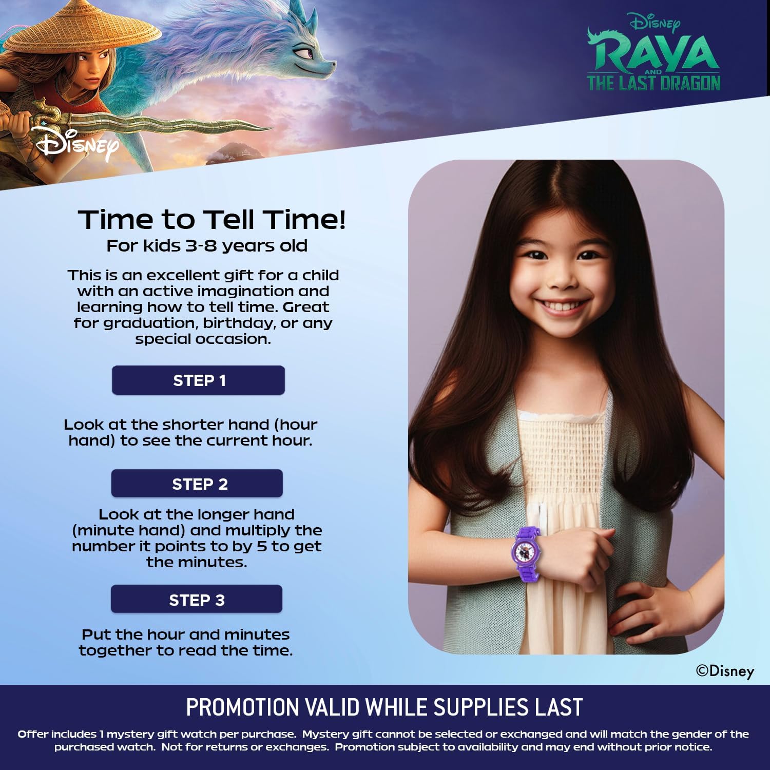 Disney Raya and The Last Dragon Watch for Kids 3–7 with Magical Character Dial – Great Gift for Young Fans – Easy-Read Face, Purple Bezel, and Purple Silicone Strap – Buy and GET 1 Free Mystery Watch - Image 6
