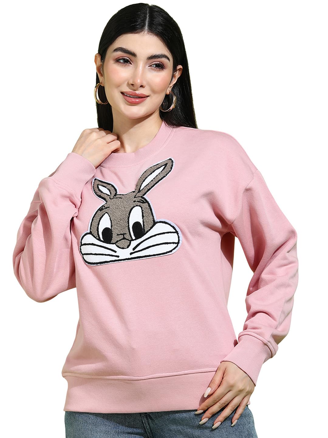 Women’s Pink Bunny Patch Oversized, Round Neck, Long Sleeves Sweatshirt-image-27