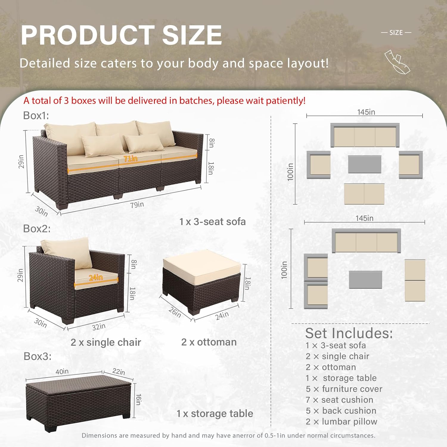 6 Pieces Patio Outdoor Furniture Outdoor Conversation Sets Wicker Sofa Set with Outdoor Couch Patio Chairs Storage Coffee Table Khaki Cushions Waterproof Covers